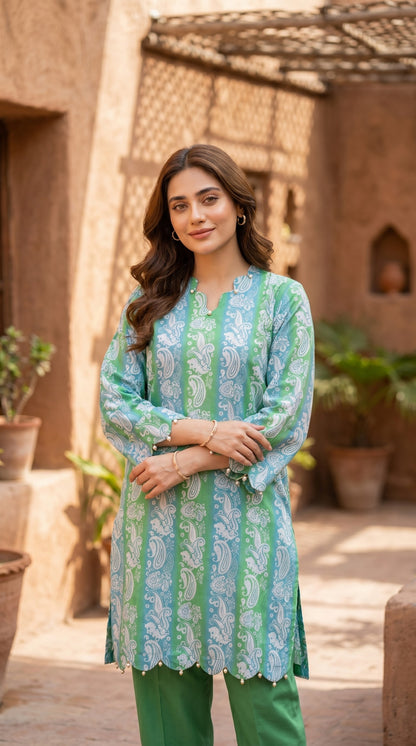 Mint Green & Sky Blue Paisley Printed Lawn Kurti