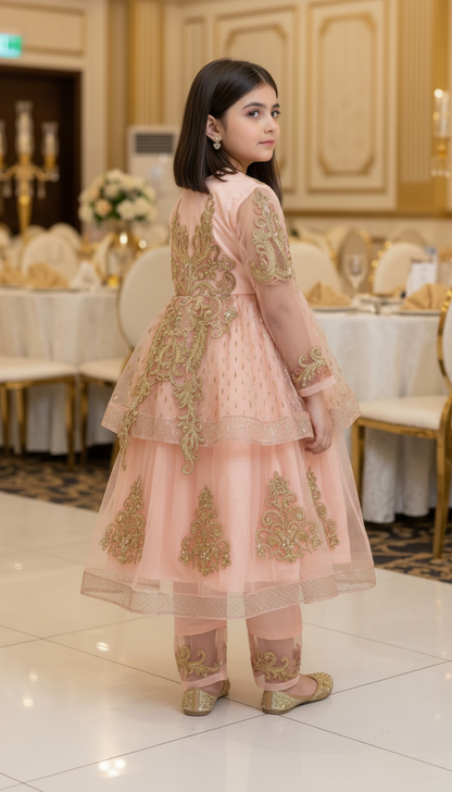 Elegant Peach Gold-Embroidered Layered Tulle Frock Set