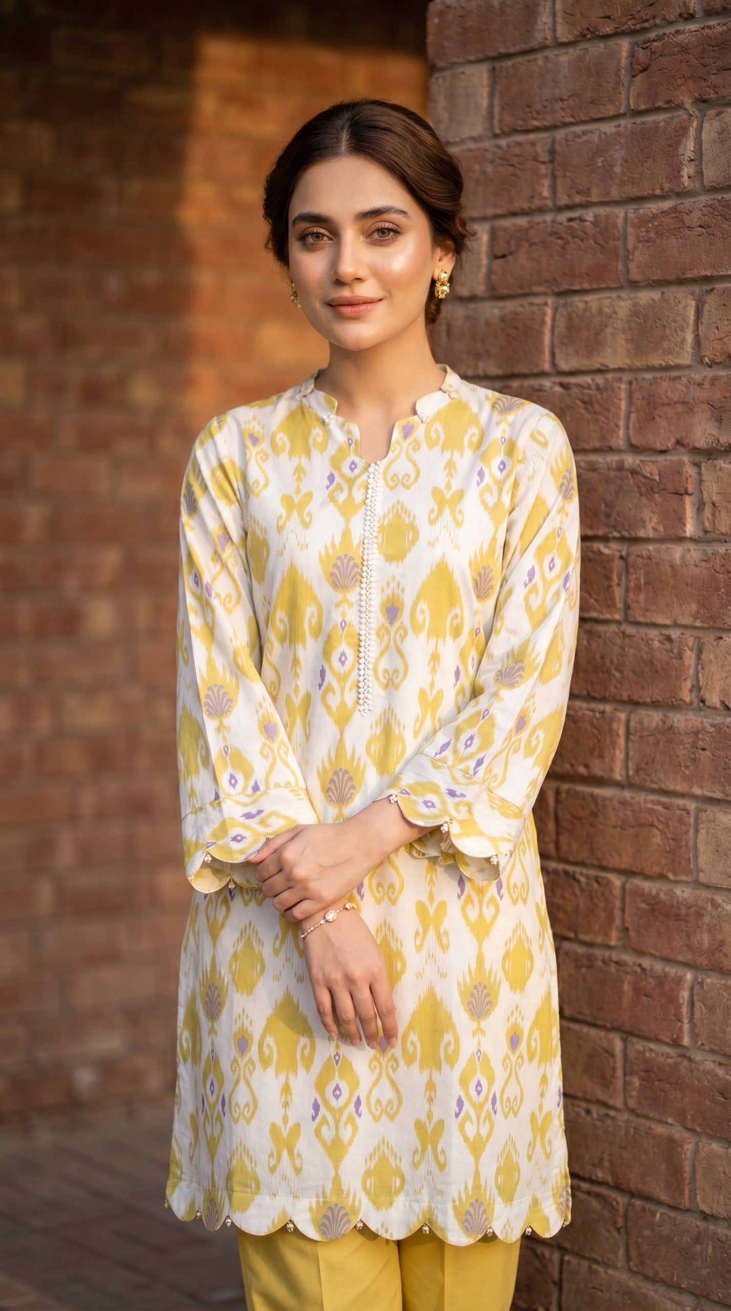 Zari Ikat Mustard & Lavender Printed Lawn Kurti