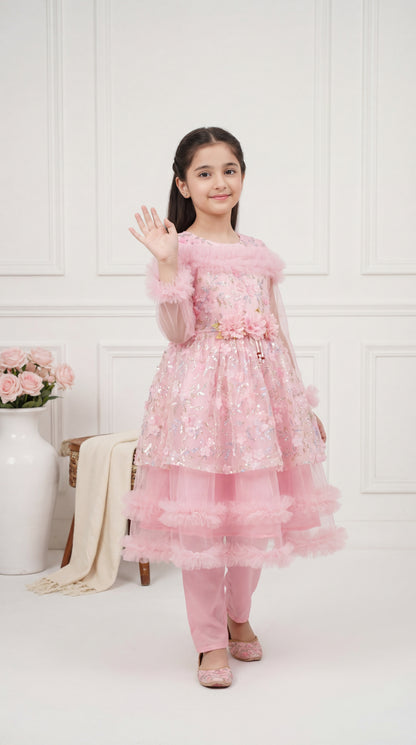 Rose Petal Ruffle Party Frock – 2-Piece Eastern Festive Set in Blush Pink