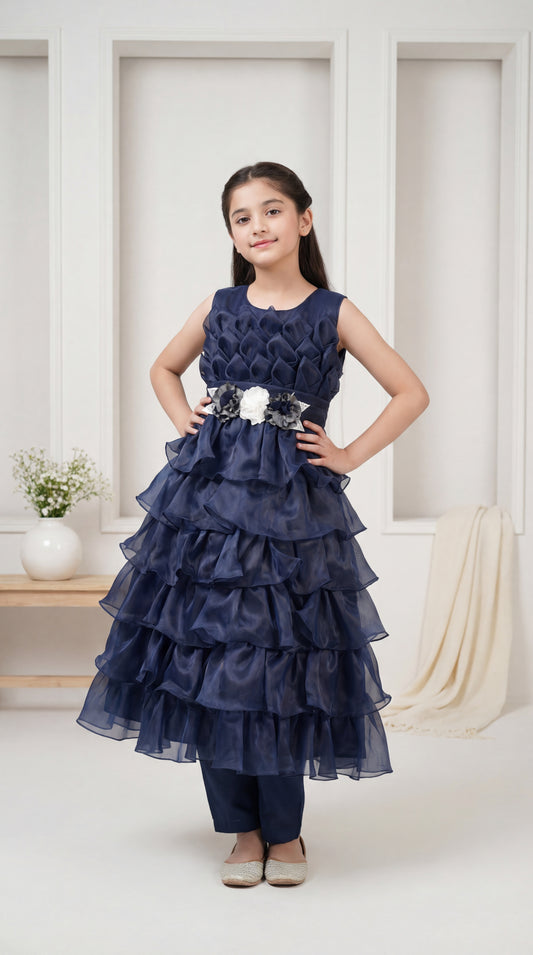 Midnight Navy Tiered Petal Party Frock with Floral Belt Accent