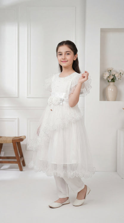 Enchanted White Tulle Flutter-Sleeve Party Dress with Floral Appliqué