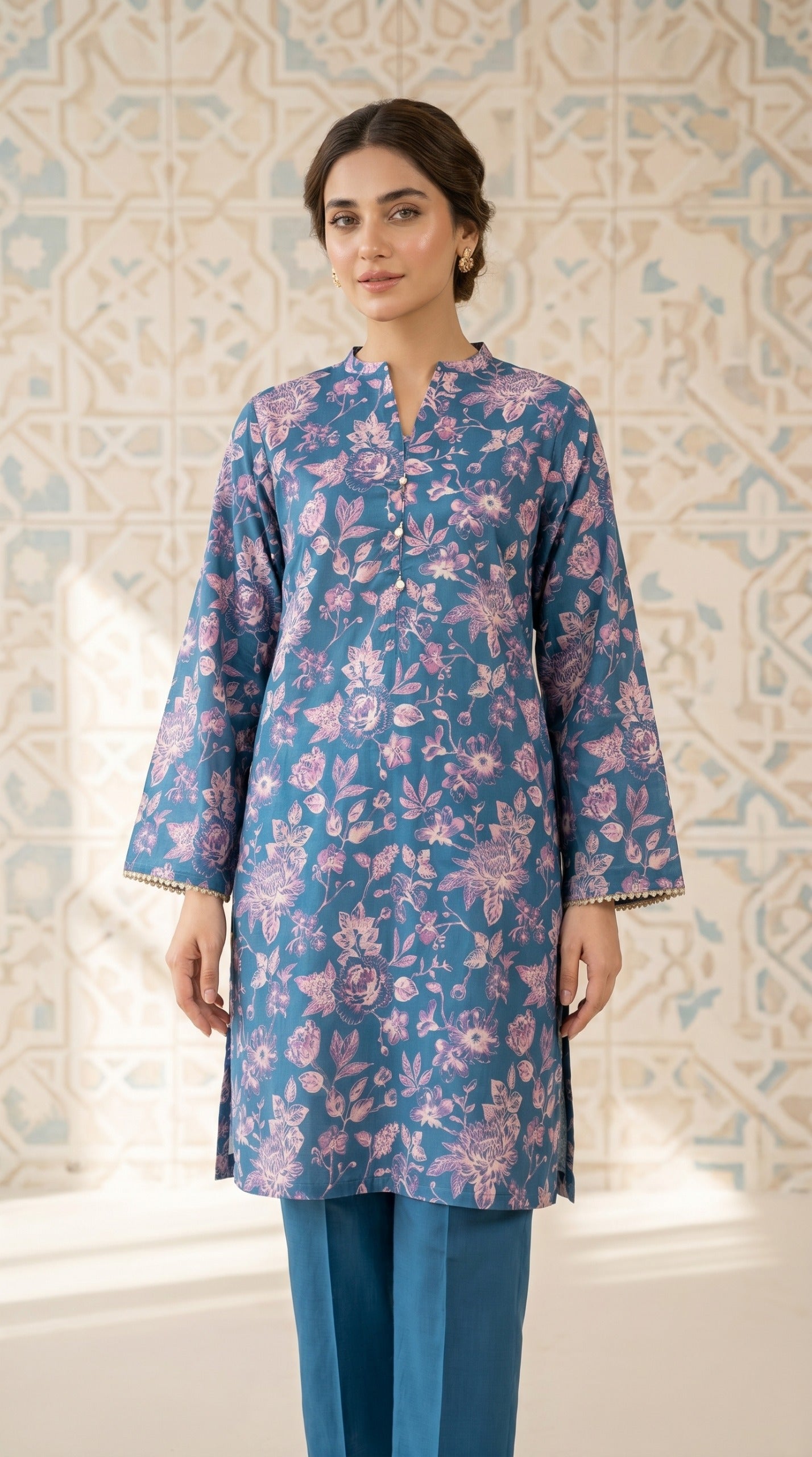 Elegant Steel Blue Floral Printed Kurti