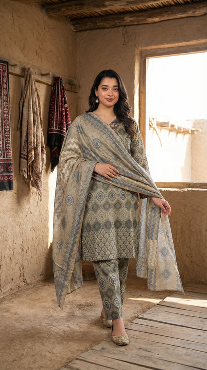 Vintage Olive Geometric Print Kurta Set with Chiffon Dupatta