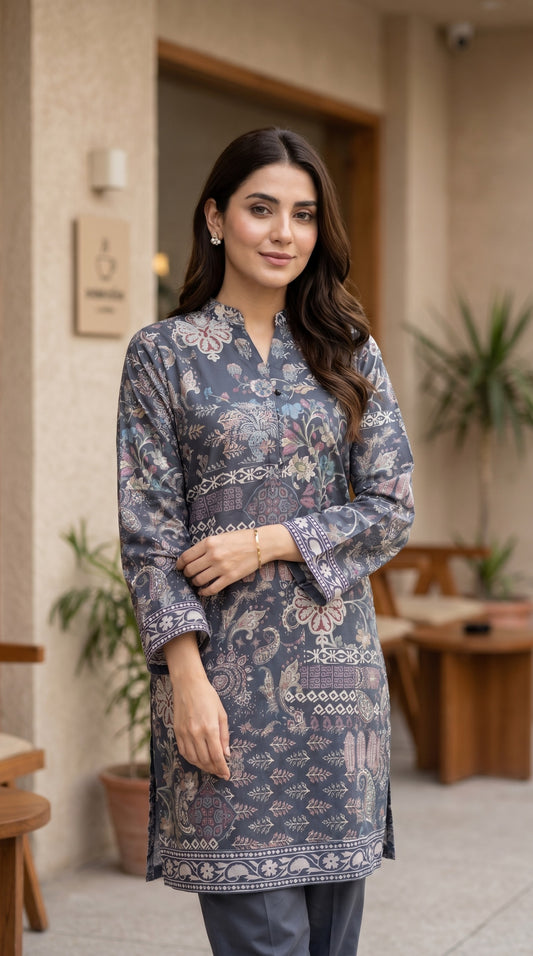 Midnight Slate Floral Printed Kurti – Heritage Ethnic Motif Lawn Tunic