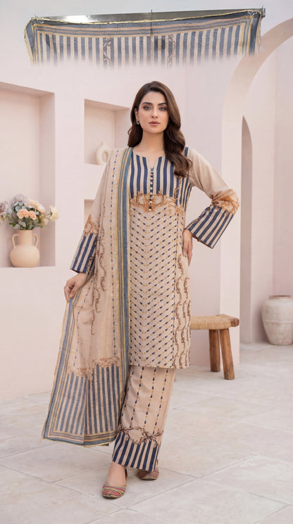 Sand & Slate Printed 3-Piece Lawn Suit with Striped Accents