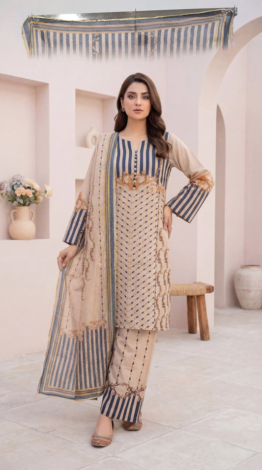 Sand & Slate Printed 3-Piece Lawn Suit with Striped Accents