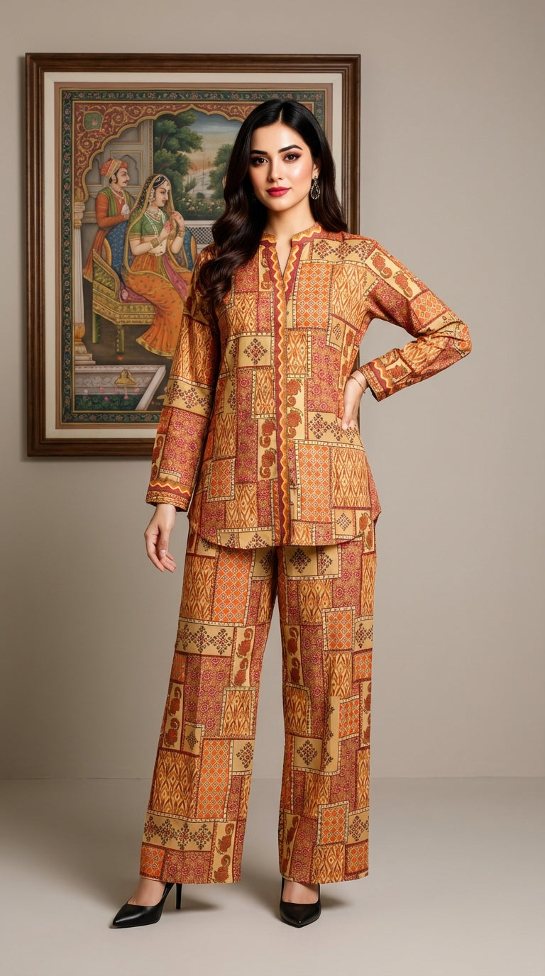 Ethnic Patchwork Print Co-ord Set – Warm Ochre & Rust