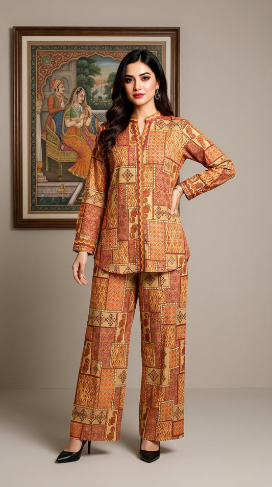Ethnic Patchwork Print Co-ord Set – Warm Ochre & Rust