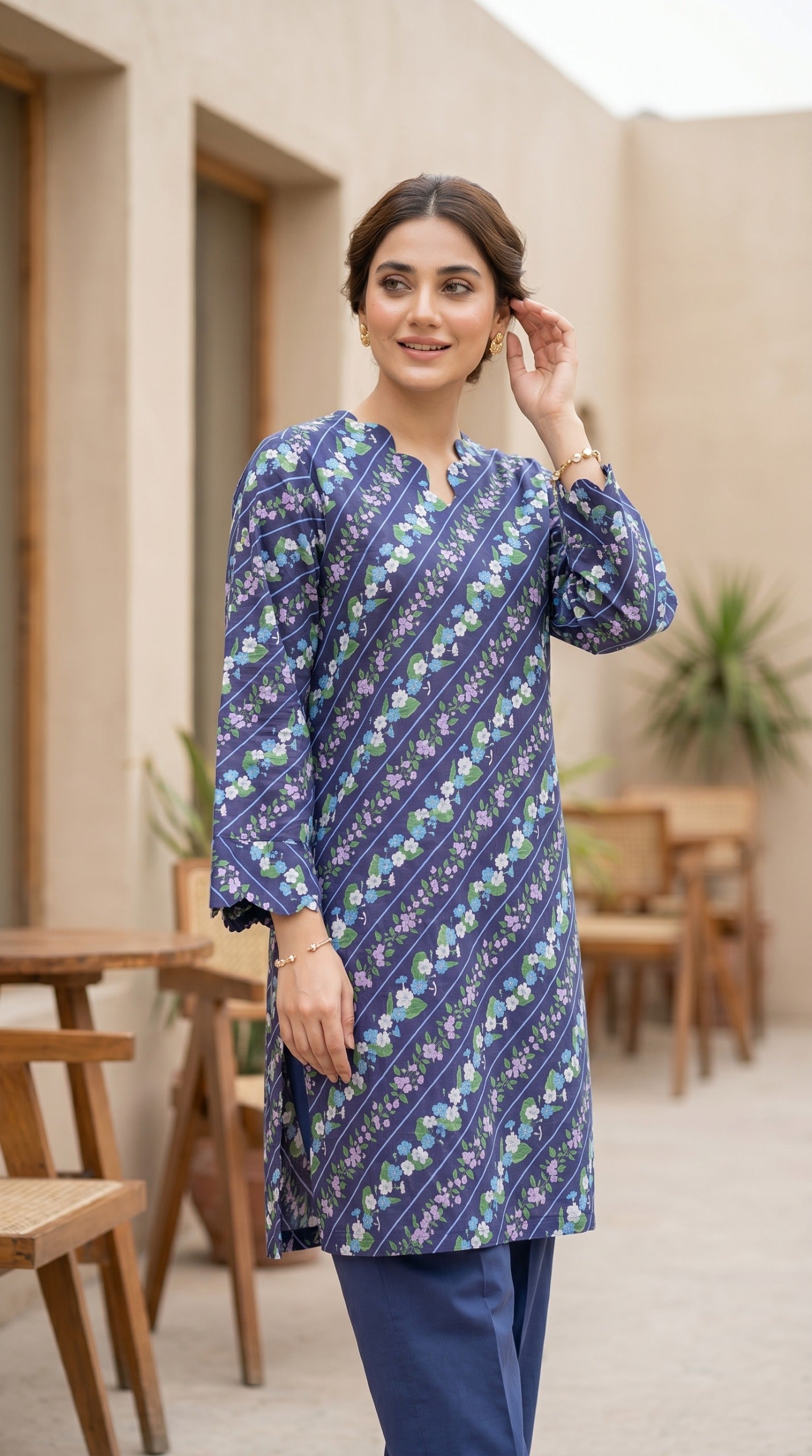 Indigo Floral Stripe Lawn Kurti – Casual Printed Straight Tunic