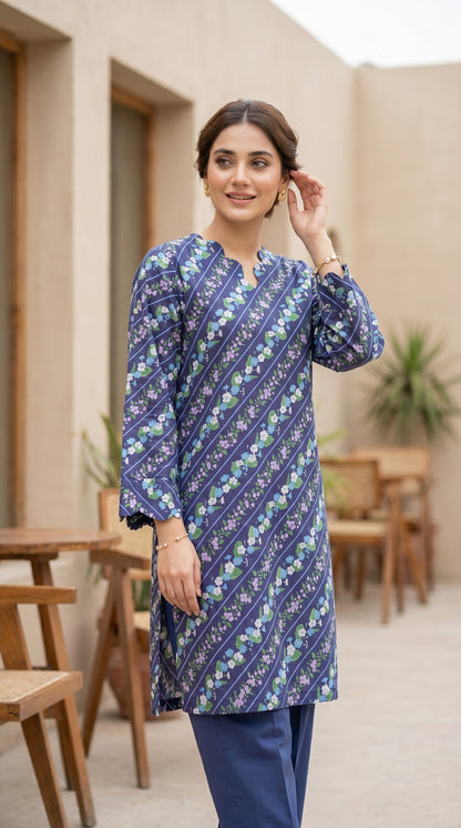 Indigo Floral Stripe Lawn Kurti – Casual Printed Straight Tunic