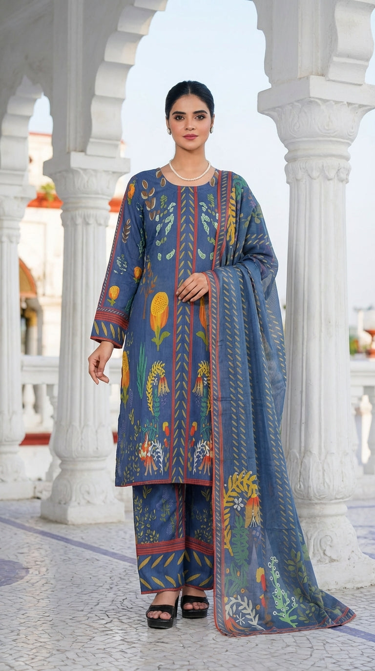 Midnight Azure 3-Piece Floral Printed Lawn Suit
