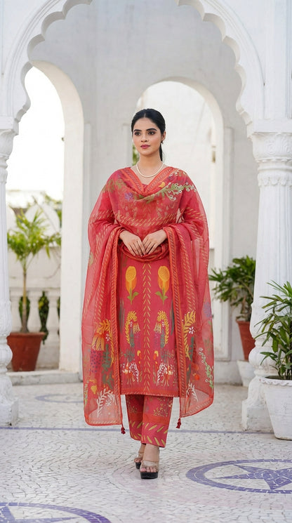 Elegant Botanical Print 3-Piece Suite – Coral Organza & Lawn Collection