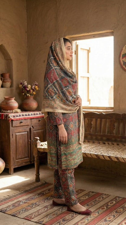 Rust & Emerald Geometric Printed Co-ord Set with Dupatta