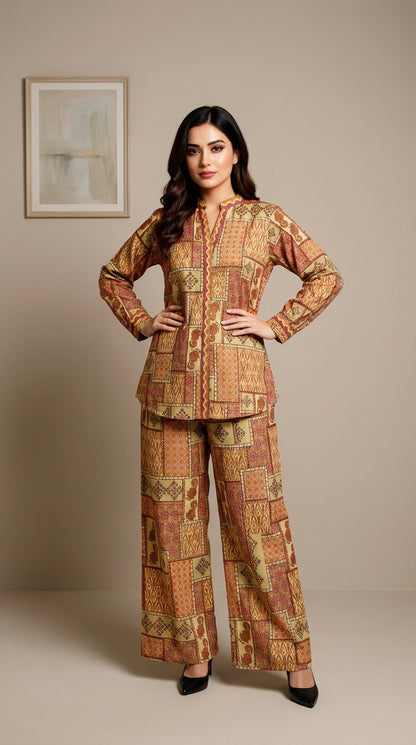 Ethnic Patchwork Print Co-ord Set – Warm Ochre & Rust