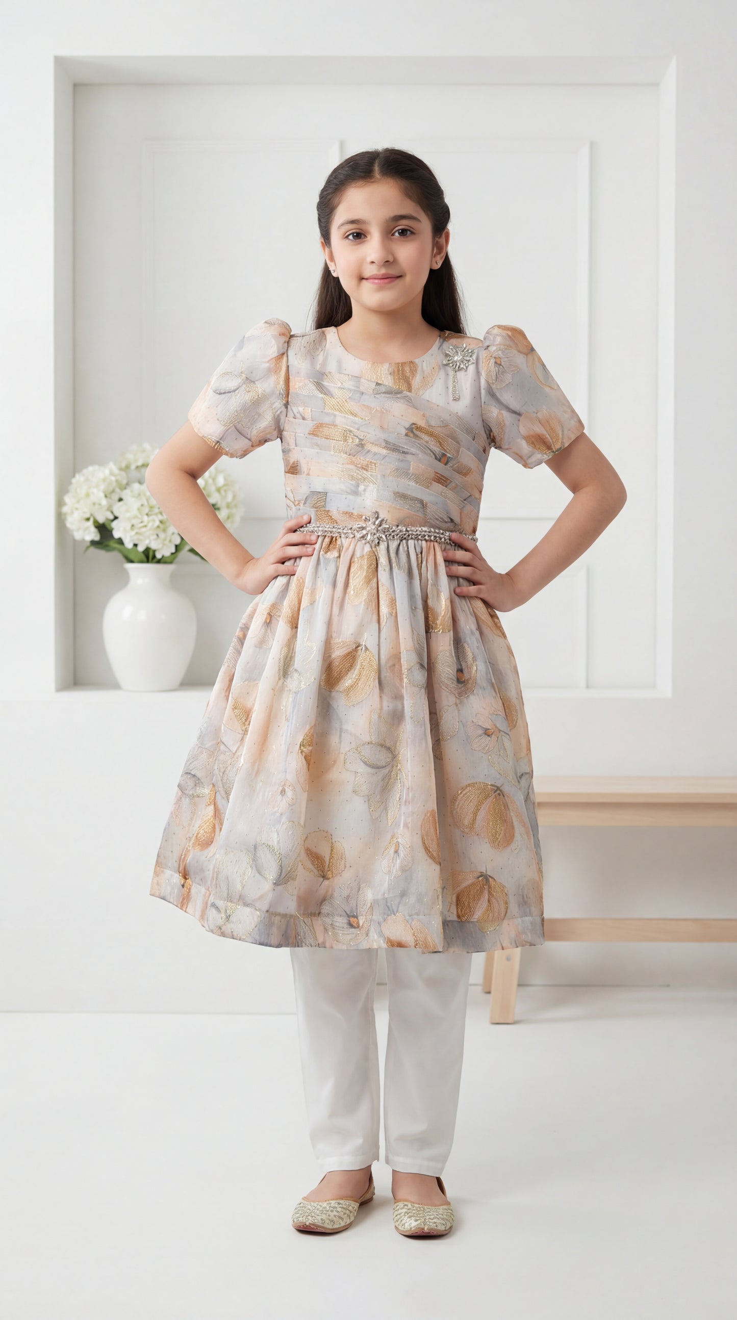 Girls' Champagne Gold Floral Party Dress – Luxury Occasion Wear