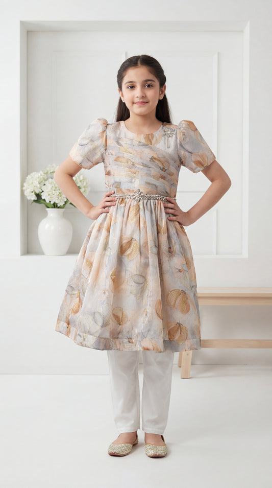 Girls' Champagne Gold Floral Party Dress – Luxury Occasion Wear