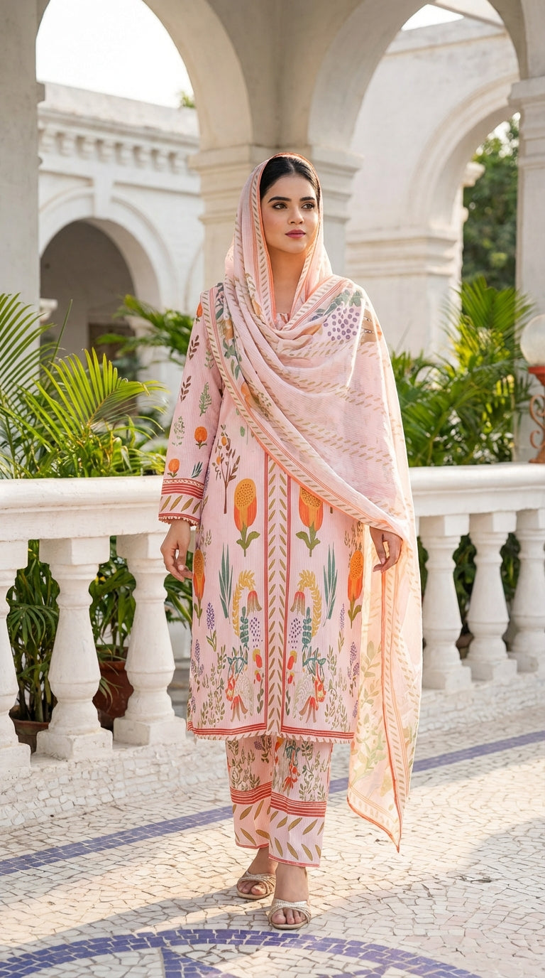 Peachy Blossom - Printed 3-Piece Lawn Suit with Floral Border