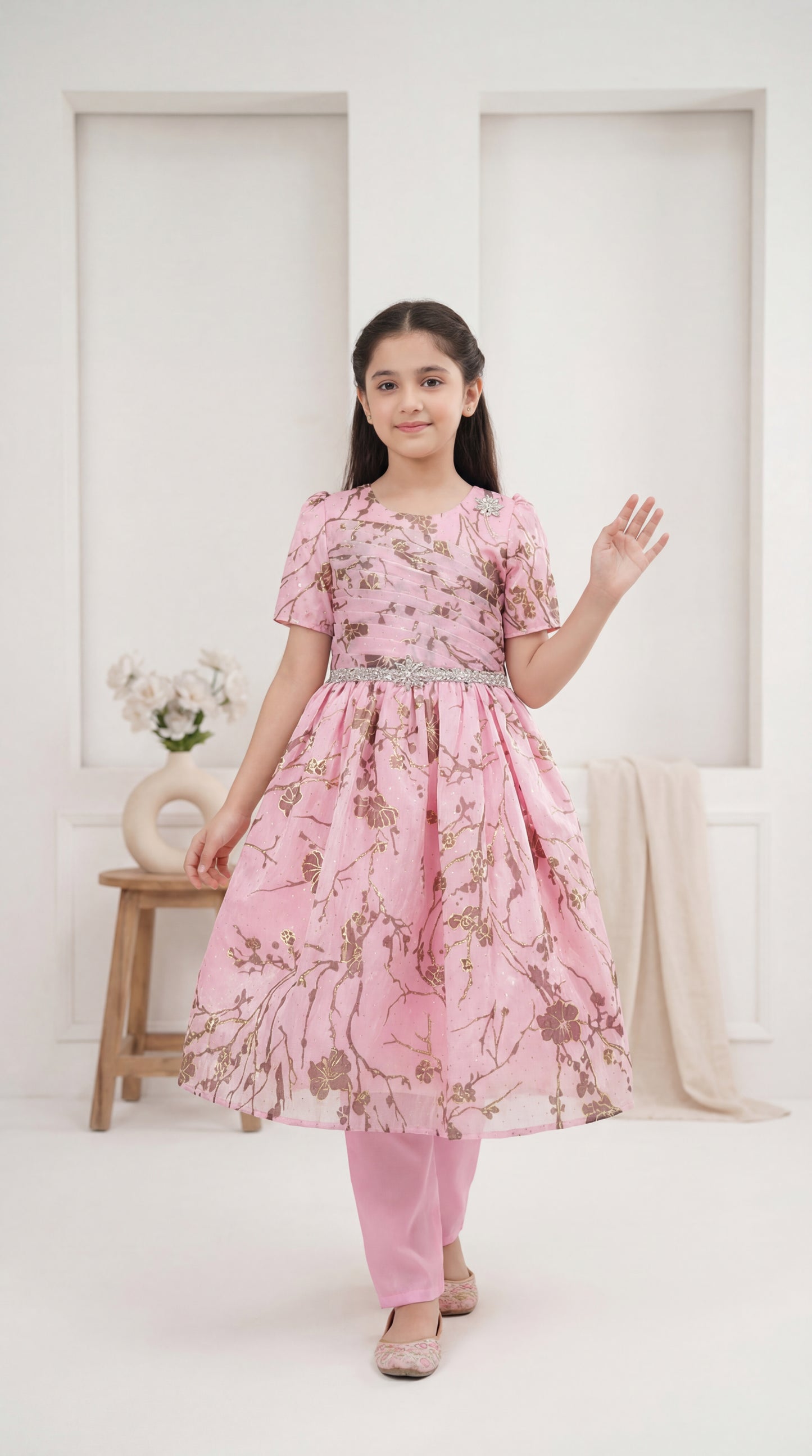 Rosé Bloom Foil Print Party Frock with Embellished Waistband