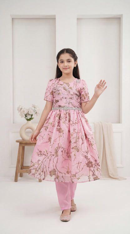 Rosé Bloom Foil Print Party Frock with Embellished Waistband