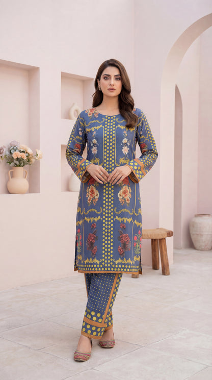 Indigo Blue Digital Printed 2-Piece Lawn Suit with Floral & Polka Dot Accents