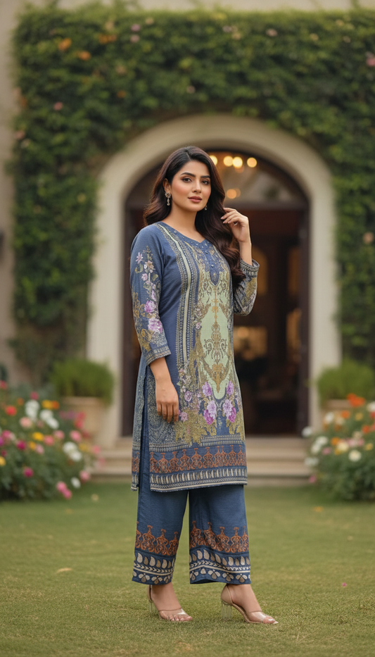 Midnight Azure Floral Printed Kurta & Wide-Leg Trouser Set