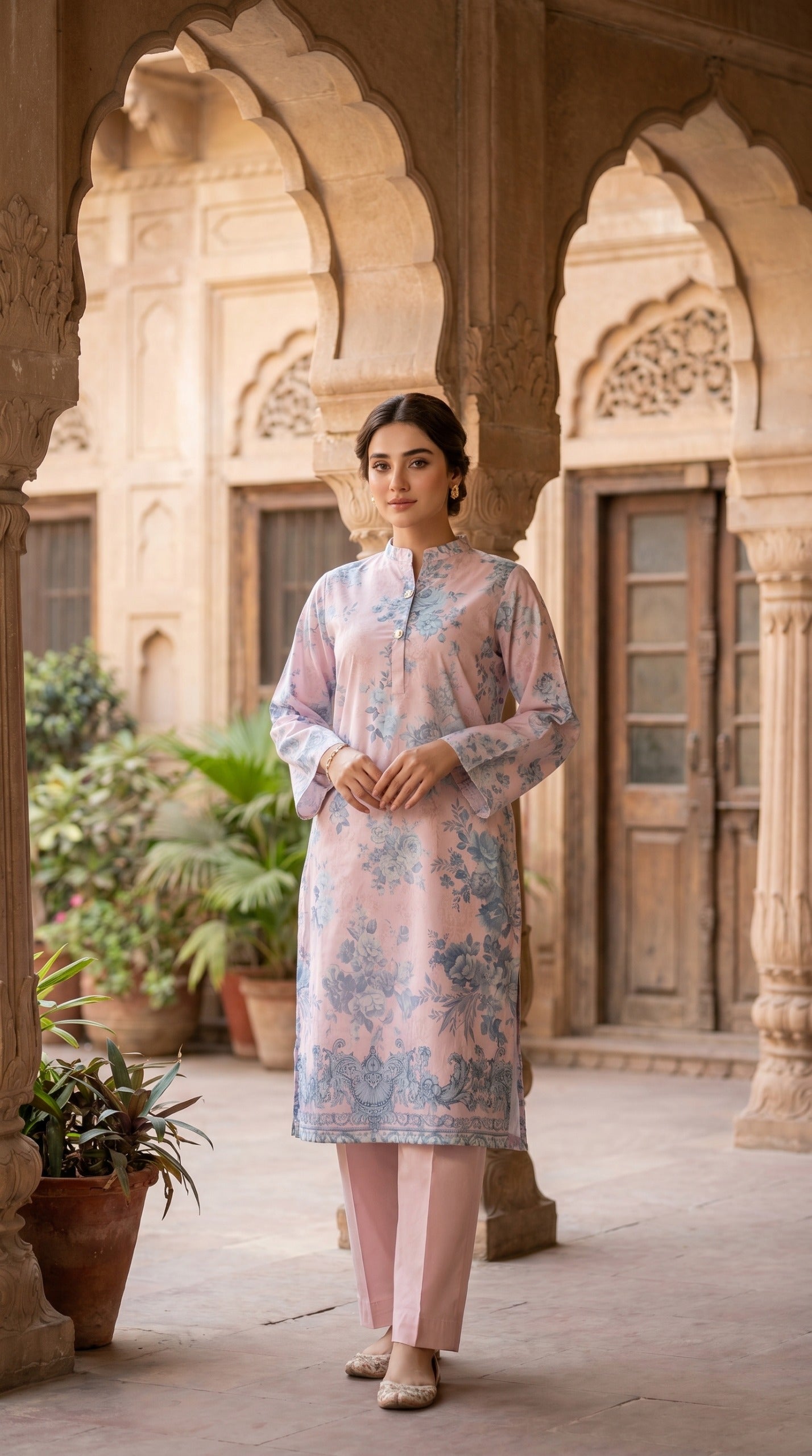 Blush Pink Floral Printed Lawn Kurti – Vintage Blue Rose Motif Tunic