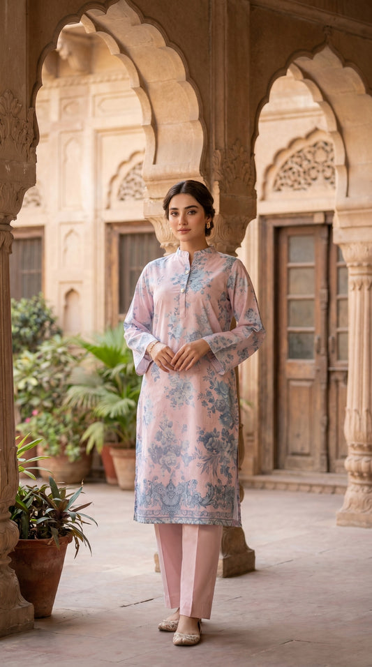 Blush Pink Floral Printed Lawn Kurti – Vintage Blue Rose Motif Tunic