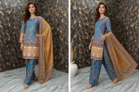 Azure Blossom | Three-Piece Printed Lawn Stitched Suit