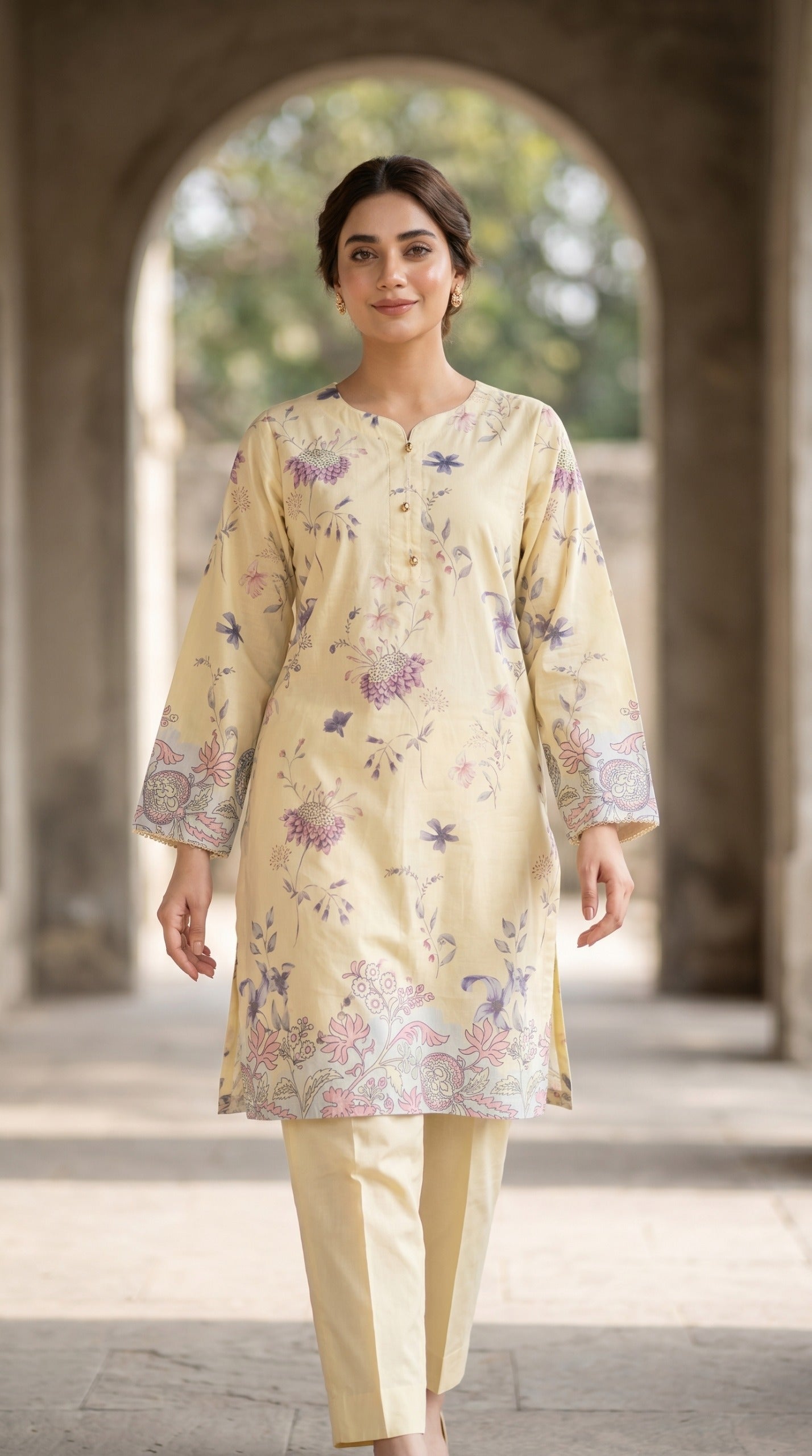 Pastel Cream Floral Printed Kurti – Elegant Lawn Tunic