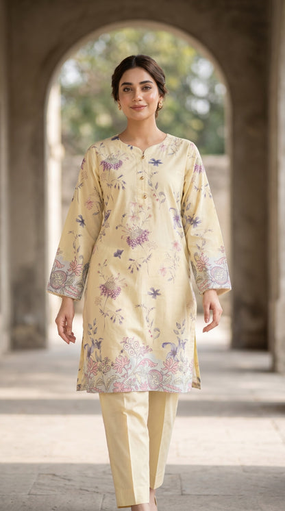 Pastel Cream Floral Printed Kurti – Elegant Lawn Tunic