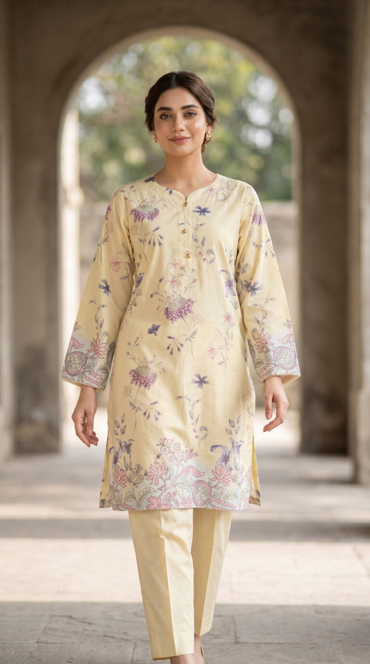 Pastel Cream Floral Printed Kurti – Elegant Lawn Tunic