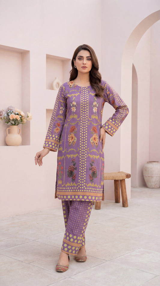 Elegant Lavender Floral & Polka Dot 2-Piece Linen Set