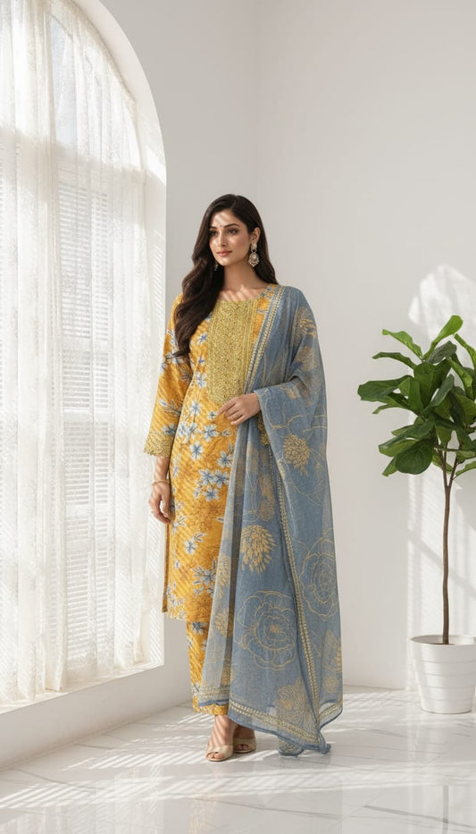 Amber & Azure Floral Embroidered 3-Piece Lawn Suit