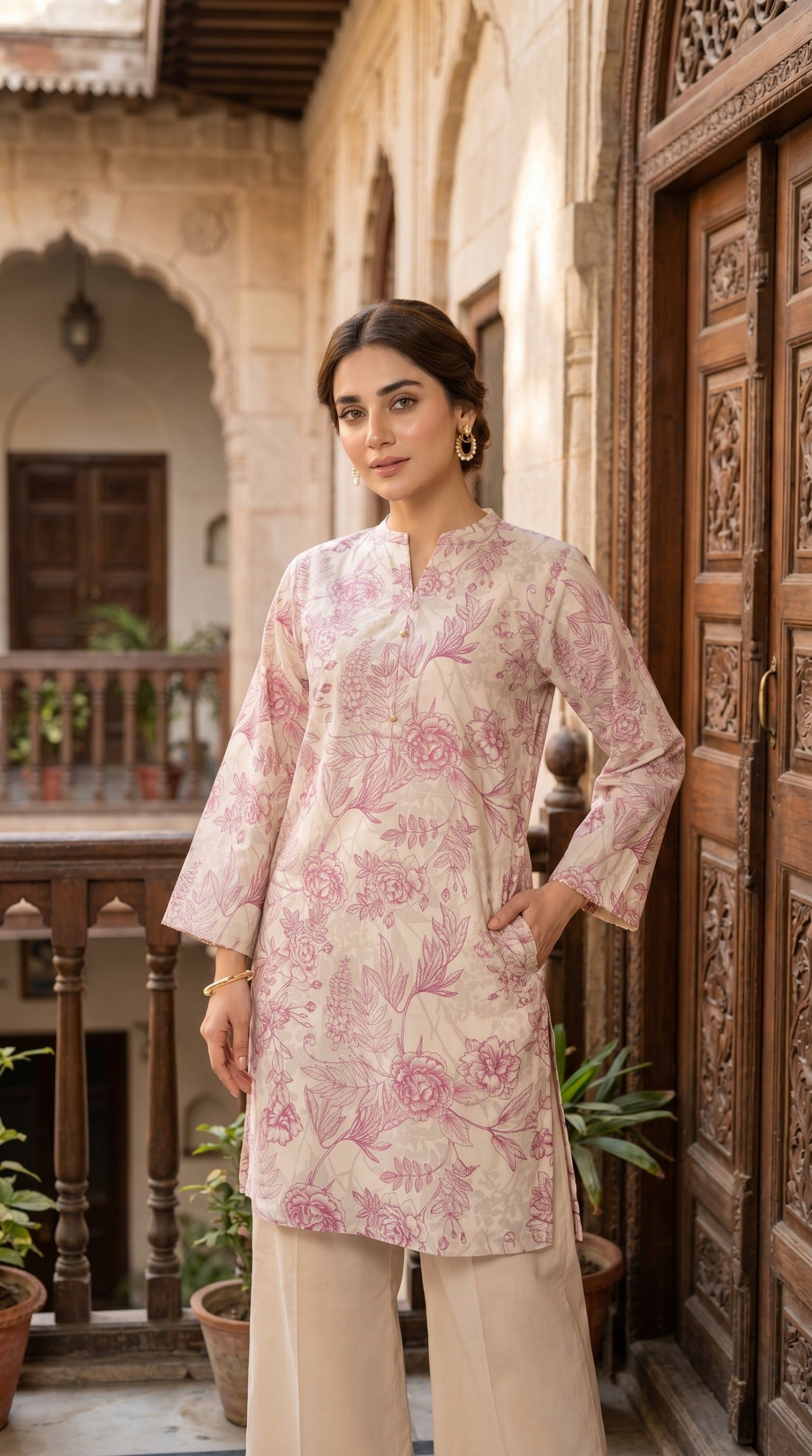 Blush Floral Printed Lawn Kurti – Ivory & Pink