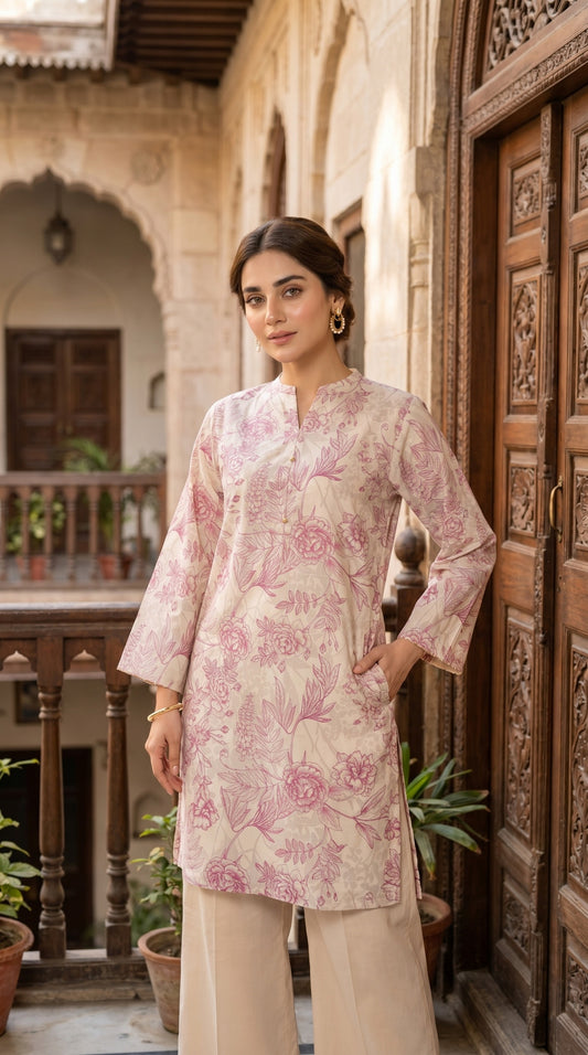 Blush Floral Printed Lawn Kurti – Ivory & Pink