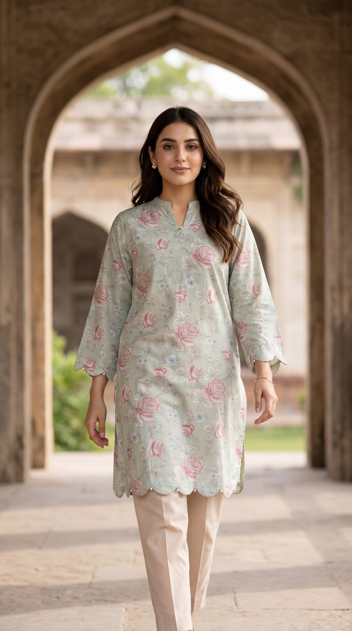 Blush Rose Floral Scalloped Lawn Kurti – Mint Green