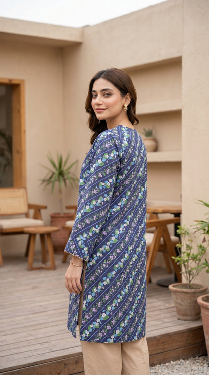 Indigo Floral Stripe Lawn Kurti – Casual Printed Straight Tunic
