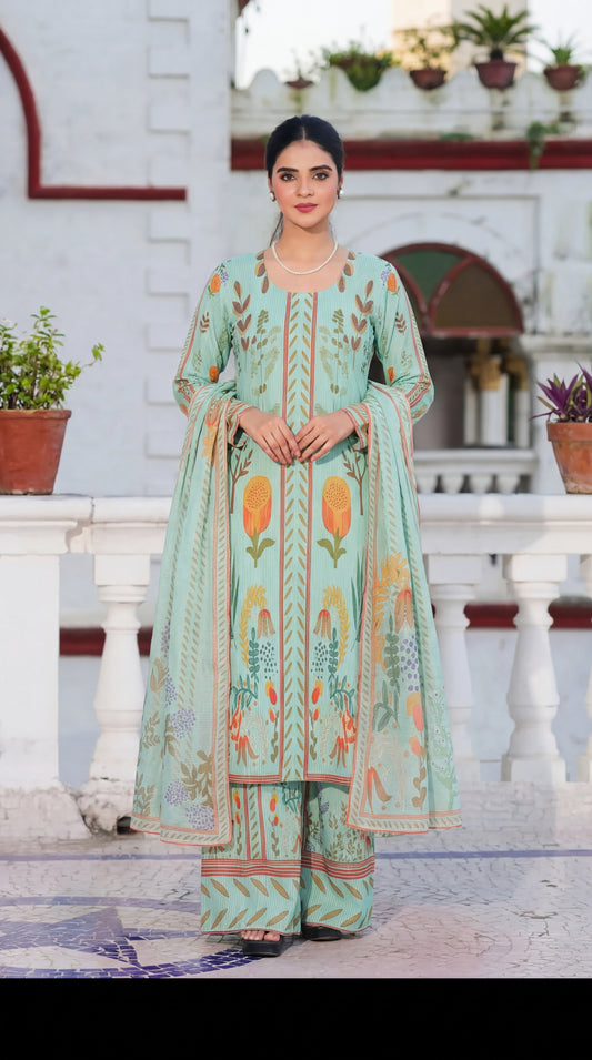 The Elegant Choice: Mint Green Floral Print 3-Piece Lawn Suit with Matching Dupatta