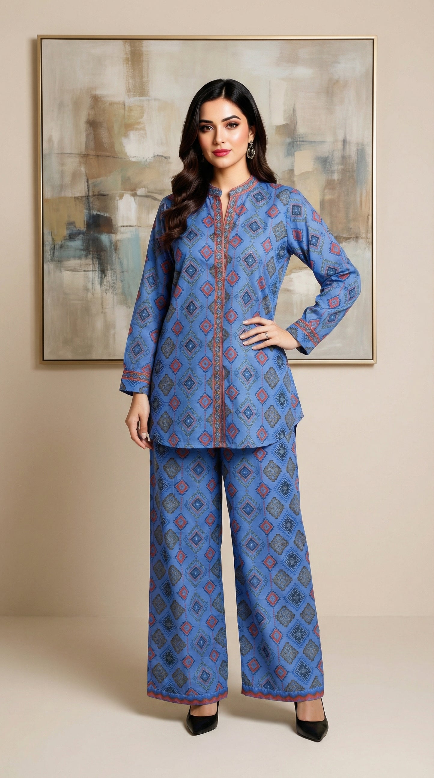 Sapphire Geo-Print Co-ord Set | Modern Ethnic Loungewear