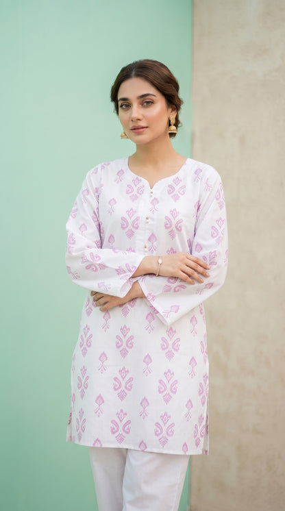 Lavender Blossom Block Printed Lawn Kurti - Elegant Summer Straight Shirt