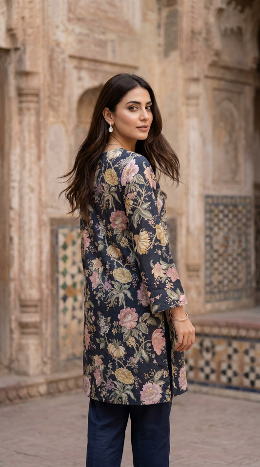 Midnight Floral Printed Kurti – Elegant Charcoal Lawn Tunic with Keyhole Neck