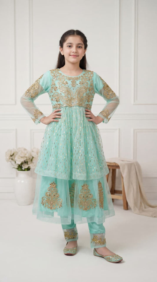 Girls’ Mint Green Embroidered Anarkali Style Party Wear Frock with Trousers