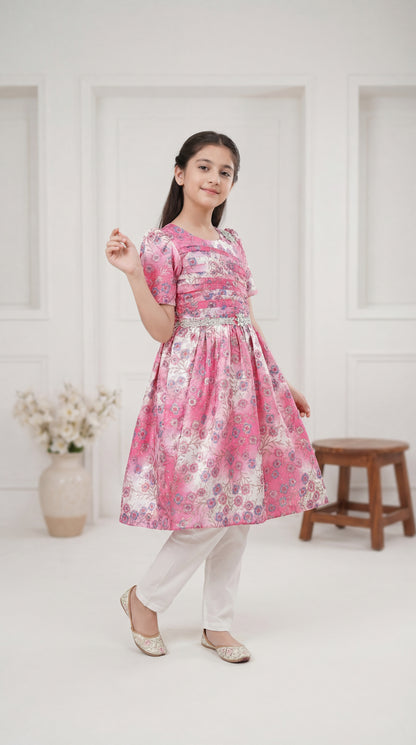 Girls’ Pink Floral Jacquard Festive Frock – Two-Piece Set with Embellished Waistband