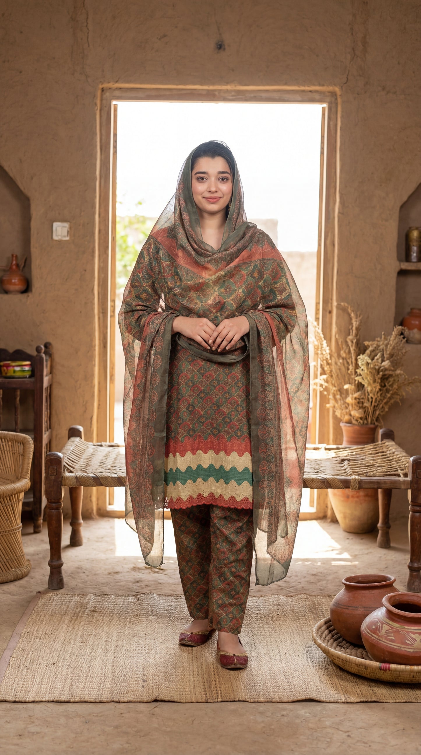 Vintage Earth-Tone Printed 3-Piece Shalwar Kameez Set – Traditional Village Aesthetic