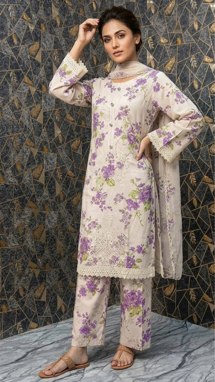 Lavender Bloom: Embroidered 3-Piece Floral Lawn Suite