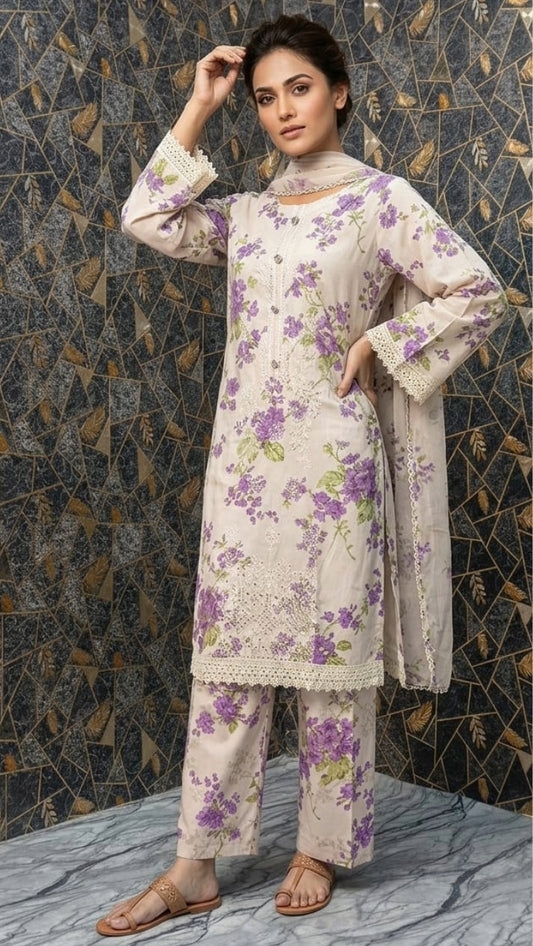Lavender Bloom: Embroidered 3-Piece Floral Lawn Suite