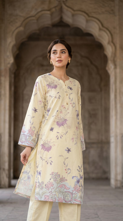 Pastel Cream Floral Printed Kurti – Elegant Lawn Tunic