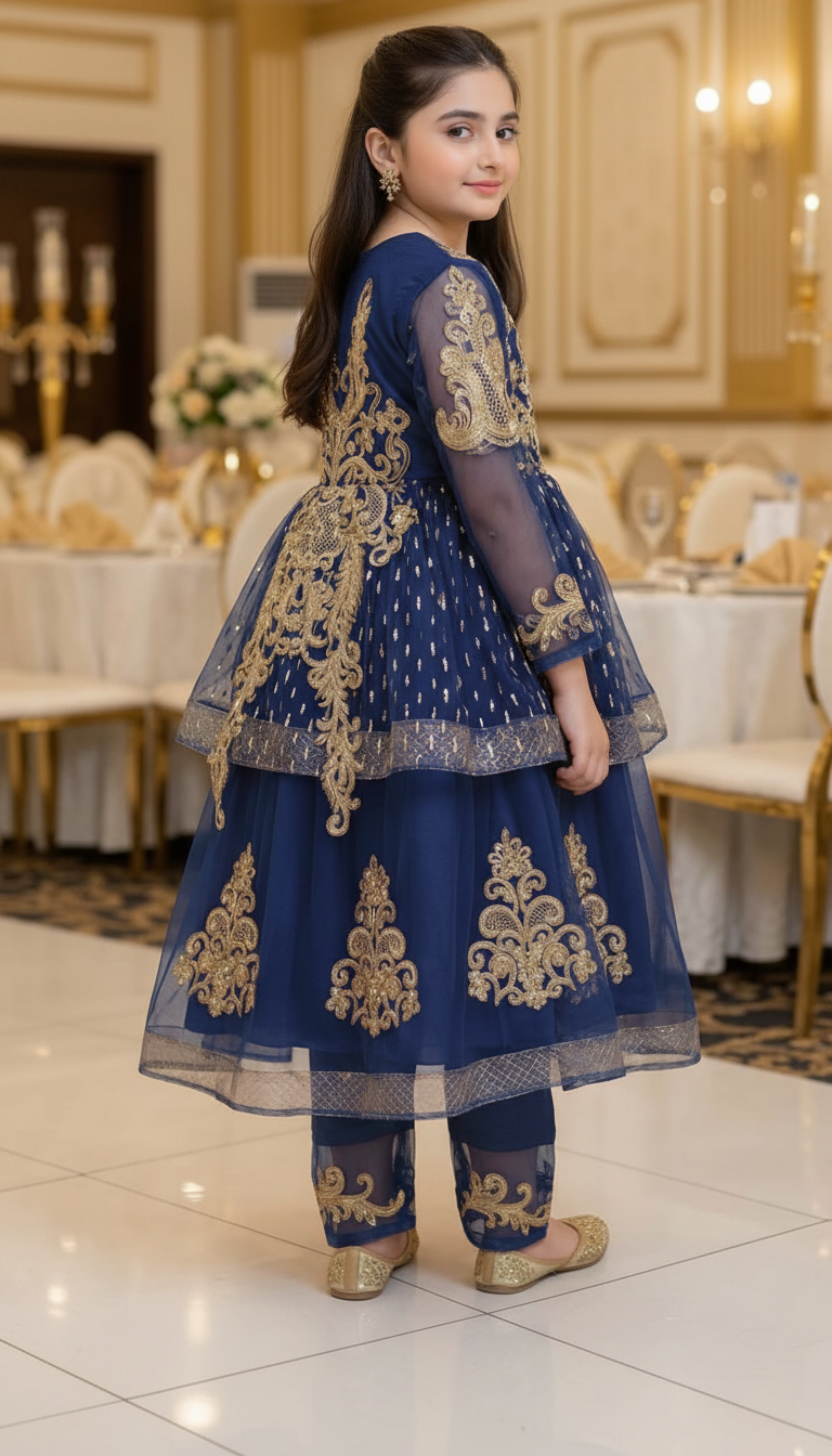 Girls' Royal Blue & Gold Embroidered Double-Layer Festive Frock