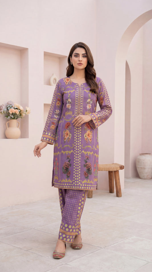 Elegant Lavender Floral & Polka Dot 2-Piece Linen Set